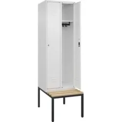 Spind Classic PLUS Sitzbank, 2 Abteile, verkehrsweiß, B 600 mm, Zylinderschloss, untergebaut, Buche-Hartholz C+P