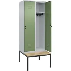 Spind Classic PLUS Sitzbank, 2 Abteile, lichtgrau / resedagrün, B 800 mm, Sicherheits-Drehriegel, untergebaut, Buche-Hartholz C+P