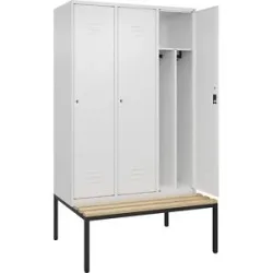 C+P Schwarz-Weiß-Spind Classic PLUS Sitzbank, schmal, 3 Abteile, verkürzte Trennwand mittig, verkehrsweiß, B 1200 mm, Zylinderschloss, untergebaut,