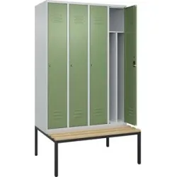 C+P Schwarz-Weiß-Spind Classic PLUS Sitzbank, schmal, 4 Abteile, verkürzte Trennwand mittig, lichtgrau / resedagrün, B 1200 mm, Zylinderschloss,