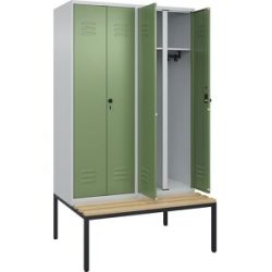 C+P Schwarz-Weiß-Spind Classic PLUS Sitzbank, Trennwand mittig, 2 Abteile, lichtgrau / resedagrün, B 1200 mm, Sicherheits-Drehriegel, untergebaut,
