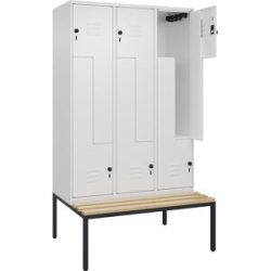 Z-Spind Classic PLUS Sitzbank, 3 Abteile, verkehrsweiß, B 1200 mm, Sicherheits-Drehriegel, untergebaut, Buche-Hartholz C+P