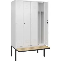 C+P Schwarz-Weiß-Spind Classic PLUS Sitzbank, schmal, 4 Abteile, verkürzte Trennwand mittig, verkehrsweiß, B 1200 mm, Zylinderschloss, auskragend,