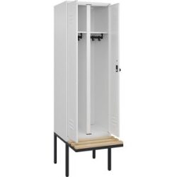 Schwarz-Weiß-Spind Classic PLUS Sitzbank, Trennwand mittig, 1 Abteil, verkehrsweiß, B 600 mm, Sicherheits-Drehriegel, auskragend, Buche-Hartholz C+P