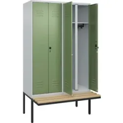 C+P Schwarz-Weiß-Spind Classic PLUS Sitzbank, Trennwand mittig, 2 Abteile, lichtgrau / resedagrün, B 1200 mm, Sicherheits-Drehriegel, auskragend,