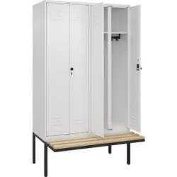 Schwarz-Weiß-Spind Classic PLUS Sitzbank, Trennwand mittig, 2 Abteile, verkehrsweiß, B 1200 mm, Sicherheits-Drehriegel, auskragend, Buche-Hartholz C+P
