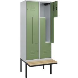 Z-Spind Classic PLUS Sitzbank, 2 Abteile, lichtgrau / resedagrün, B 800 mm, Zylinderschloss, auskragend, Buche-Hartholz C+P