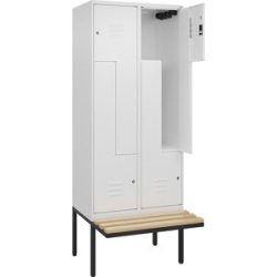 Z-Spind Classic PLUS Sitzbank, 2 Abteile, verkehrsweiß, B 800 mm, Zylinderschloss, auskragend, Buche-Hartholz C+P