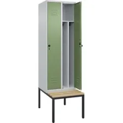 C+P Schwarz-Weiß-Spind Classic PLUS Sitzbank, schmal, 2 Abteile, verkürzte Trennwand mittig, lichtgrau / resedagrün, B 600 mm, Sicherheits-Drehriegel,