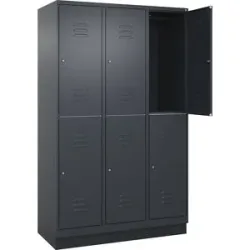 Doppelstock-Spind Classic PLUS, 3 Abteile, grau, HxB 1950 x 1200 mm, mit Bodensockel, Zylinderschloss C+P