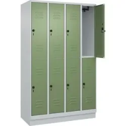 Doppelstock-Spind Classic PLUS, 4 Abteile, lichtgrau / resedagrün, HxB 1950 x 1200 mm, mit Bodensockel, Drehriegel C+P