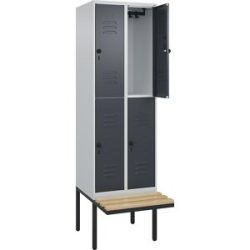 Doppelstock-Spind Classic PLUS Sitzbank, 2 Abteile, lichtgrau / grau, B 600 mm, Sicherheits-Drehriegel, auskragend, Buche-Hartholz C+P