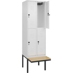 Doppelstock-Spind Classic PLUS Sitzbank, 2 Abteile, verkehrsweiß, B 600 mm, Sicherheits-Drehriegel, auskragend, Buche-Hartholz C+P