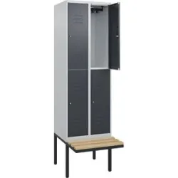 Doppelstock-Spind Classic PLUS Sitzbank, 2 Abteile, lichtgrau / grau, B 600 mm, Zylinderschloss, auskragend, Buche-Hartholz C+P