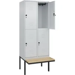 Doppelstock-Spind Classic PLUS Sitzbank, 2 Abteile, lichtgrau, B 800 mm, Sicherheits-Drehriegel, auskragend, Buche-Hartholz C+P