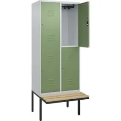 Doppelstock-Spind Classic PLUS Sitzbank, 2 Abteile, lichtgrau / resedagrün, B 800 mm, Zylinderschloss, auskragend, Buche-Hartholz C+P