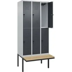 Doppelstock-Spind Classic PLUS Sitzbank, 3 Abteile, lichtgrau / grau, B 900 mm, Sicherheits-Drehriegel, auskragend, Buche-Hartholz C+P