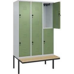 Doppelstock-Spind Classic PLUS Sitzbank, 3 Abteile, lichtgrau / resedagrün, B 1200 mm, Sicherheits-Drehriegel, auskragend, Buche-Hartholz C+P