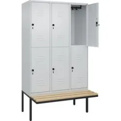 Doppelstock-Spind Classic PLUS Sitzbank, 3 Abteile, lichtgrau, B 1200 mm, Sicherheits-Drehriegel, auskragend, Buche-Hartholz C+P