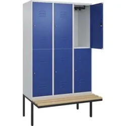 Doppelstock-Spind Classic PLUS Sitzbank, 3 Abteile, lichtgrau / enzianblau, B 1200 mm, Zylinderschloss, auskragend, Buche-Hartholz C+P