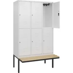 Doppelstock-Spind Classic PLUS Sitzbank, 3 Abteile, verkehrsweiß, B 1200 mm, Zylinderschloss, auskragend, Buche-Hartholz C+P