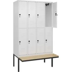 Doppelstock-Spind Classic PLUS Sitzbank, 4 Abteile, verkehrsweiß, B 1200 mm, Sicherheits-Drehriegel, auskragend, Buche-Hartholz C+P