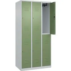 Doppelstock-Spind Classic PLUS, 3 Abteile, lichtgrau / resedagrün, HxB 1850 x 900 mm, mit Bodengleitern, Zylinderschloss C+P