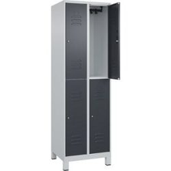 Doppelstock-Spind Classic PLUS, 2 Abteile, lichtgrau / grau, HxB 1950 x 600 mm, mit Füßen, Zylinderschloss C+P