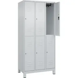 Doppelstock-Spind Classic PLUS, 3 Abteile, lichtgrau, HxB 1950 x 900 mm, mit Füßen, Zylinderschloss C+P