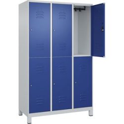 Doppelstock-Spind Classic PLUS, 3 Abteile, lichtgrau / enzianblau, HxB 1950 x 1200 mm, mit Füßen, Zylinderschloss C+P