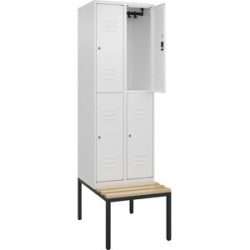 Doppelstock-Spind Classic PLUS Sitzbank, 2 Abteile, verkehrsweiß, B 600 mm, Zylinderschloss, untergebaut, Buche-Hartholz C+P