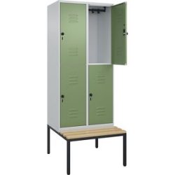 Doppelstock-Spind Classic PLUS Sitzbank, 2 Abteile, lichtgrau / resedagrün, B 800 mm, Sicherheits-Drehriegel, untergebaut, Buche-Hartholz C+P