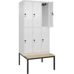 Doppelstock-Spind Classic PLUS Sitzbank, 3 Abteile, verkehrsweiß, B 900 mm, Sicherheits-Drehriegel, untergebaut, Buche-Hartholz C+P