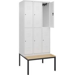Doppelstock-Spind Classic PLUS Sitzbank, 3 Abteile, verkehrsweiß, B 900 mm, Zylinderschloss, untergebaut, Buche-Hartholz C+P