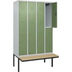 Doppelstock-Spind Classic PLUS Sitzbank, 4 Abteile, lichtgrau / resedagrün, B 1200 mm, Zylinderschloss, auskragend, Buche-Hartholz C+P