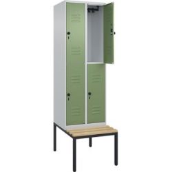 Doppelstock-Spind Classic PLUS Sitzbank, 2 Abteile, lichtgrau / resedagrün, B 600 mm, Sicherheits-Drehriegel, untergebaut, Buche-Hartholz C+P