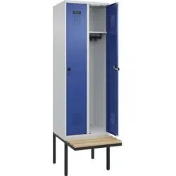 Kleiderspind C+P Evolo Plus, 2 Abteile à 300 mm Breite, schwebende Sitzbank, B 600 x T 815 x H 2120 mm, Drehriegel, lichtgrau/enzianblau