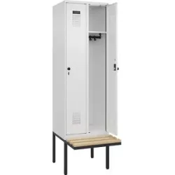 Kleiderspind C+P Evolo Plus, 2 Abteile à 300 mm Breite, schwebende Sitzbank, B 600 x T 815 x H 2120 mm, Drehriegel, verkehrsweiss/verkehrsweiss