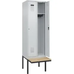 Kleiderspind C+P Evolo Plus, 2 Abteile à 300 mm Breite, schwebende Sitzbank, B 600 x T 815 x H 2120 mm, Zylinder, lichtgrau/lichtgrau
