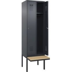 kaiserkraft Spind Evolo PLUS Sitzbank, 2 Abteile, grau, B 600 mm, Zylinderschloss, mit auskragender Sitzbank, Buche