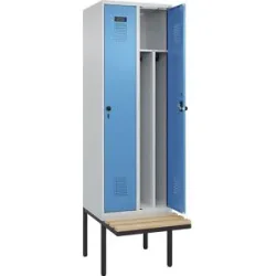 kaiserkraft Schwarz-Weiß-Spind Evolo PLUS Sitzbank, schmal, 2 Abteile, verkürzte Trennwand mittig, lichtgrau / lichtblau, B 600 mm, Sicherheits-Drehriegel, mit