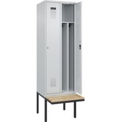 kaiserkraft Schwarz-Weiß-Spind Evolo PLUS Sitzbank, schmal, 2 Abteile, verkürzte Trennwand mittig, lichtgrau / lichtgrau, B 600 mm, Zylinderschloss, mit