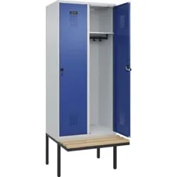 Kleiderspind C+P Evolo Plus, 2 Abteile à 400 mm Breite, schwebende Sitzbank, B 800 x T 815 x H 2120 mm, Drehriegel, lichtgrau/enzianblau