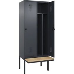 kaiserkraft Schwarz-Weiß-Spind Evolo PLUS Sitzbank, schmal, 2 Abteile, verkürzte Trennwand mittig, grau, B 800 mm, Sicherheits-Drehriegel, mit auskragender