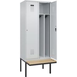 kaiserkraft Schwarz-Weiß-Spind Evolo PLUS Sitzbank, schmal, 2 Abteile, verkürzte Trennwand mittig, lichtgrau / lichtgrau, B 800 mm, Zylinderschloss, mit