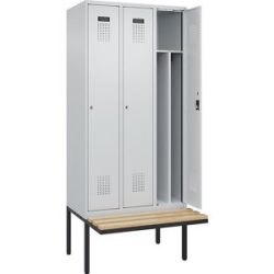 kaiserkraft Schwarz-Weiß-Spind Evolo PLUS Sitzbank, schmal, 3 Abteile, verkürzte Trennwand mittig, lichtgrau / lichtgrau, B 900 mm, Zylinderschloss, mit