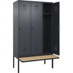 kaiserkraft Spind Evolo PLUS Sitzbank, 3 Abteile, grau, B 1200 mm, Sicherheits-Drehriegel, mit auskragender Sitzbank, Buche