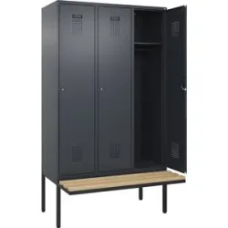 kaiserkraft Spind Evolo PLUS Sitzbank, 3 Abteile, grau, B 1200 mm, Zylinderschloss, mit auskragender Sitzbank, Buche