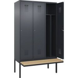 kaiserkraft Schwarz-Weiß-Spind Evolo PLUS Sitzbank, schmal, 3 Abteile, verkürzte Trennwand mittig, grau, B 1200 mm, Zylinderschloss, mit auskragender Sitzbank,