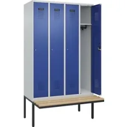 Kleiderspind C+P Evolo Plus, 4 Abteile à 300 mm Breite, schwebende Sitzbank, B 1200 x T 815 x H 2120 mm, Zylinder, lichtgrau/enzianblau